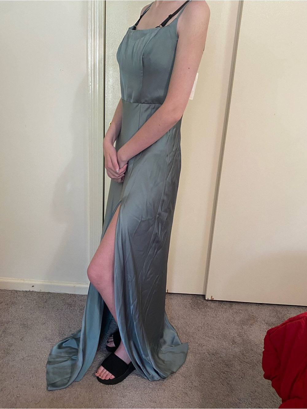 Birdy Grey Satin Slip Gown in Sage size small bridal, bridesmaid, semi-formal
